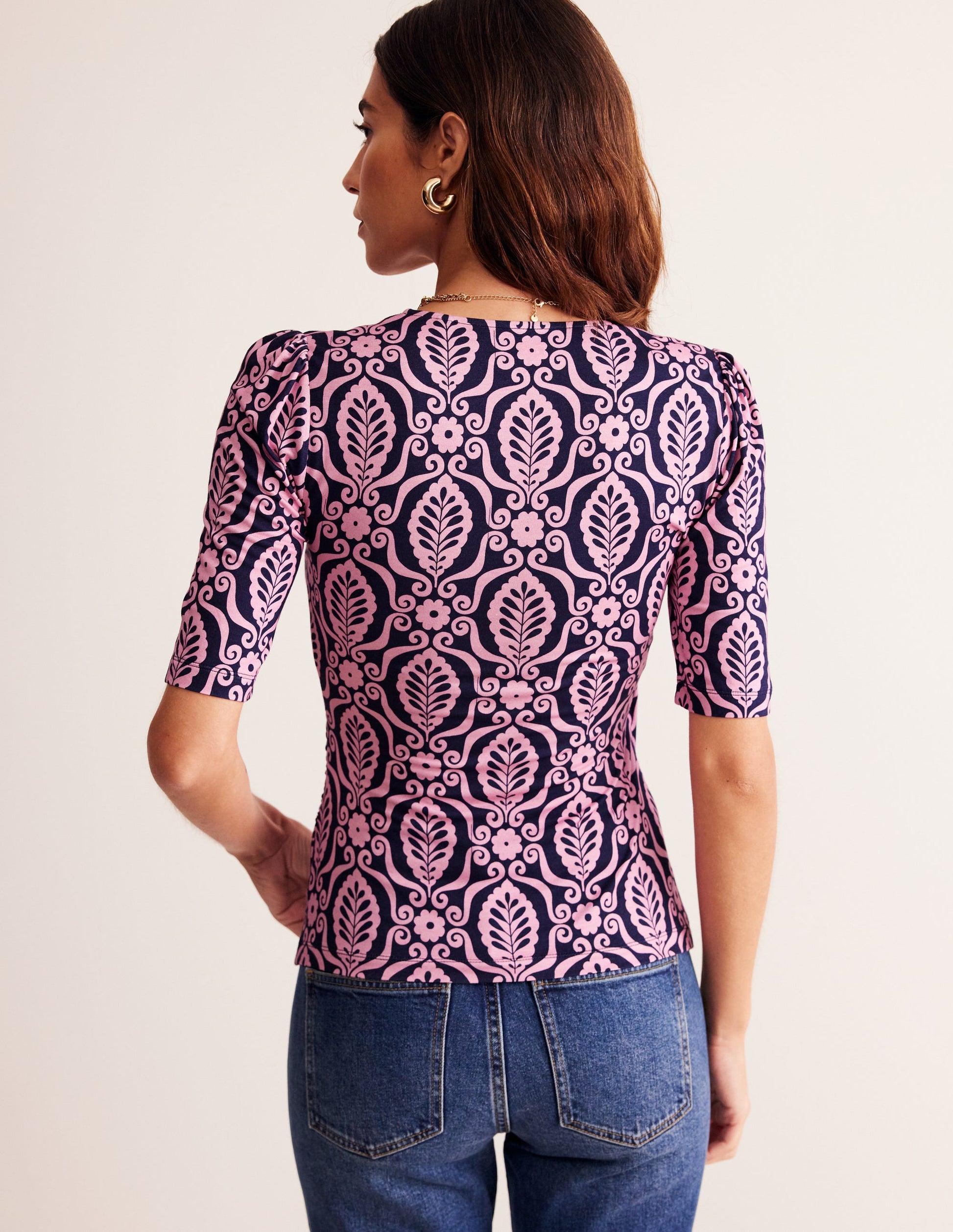 Wrap Front Jersey Top-Old Rose, Foliage Stamp-3
