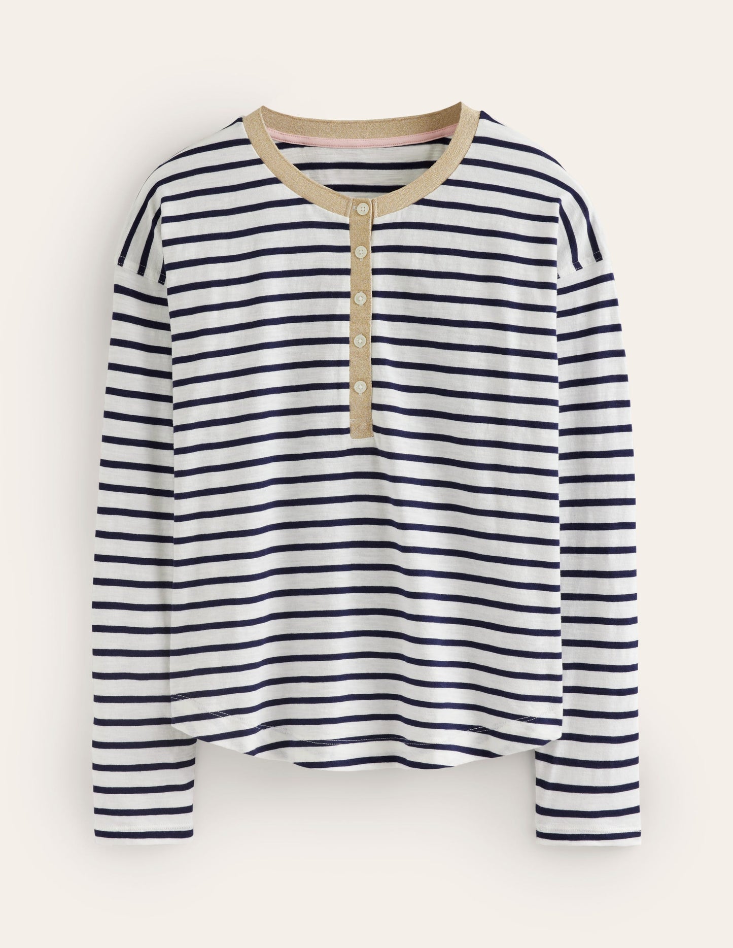 Metallic Trim Henley Top-Ivory, Navy Stripe