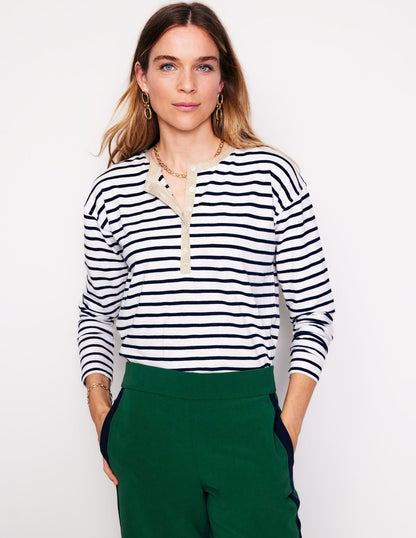 Metallic Trim Henley Top-Ivory, Navy Stripe