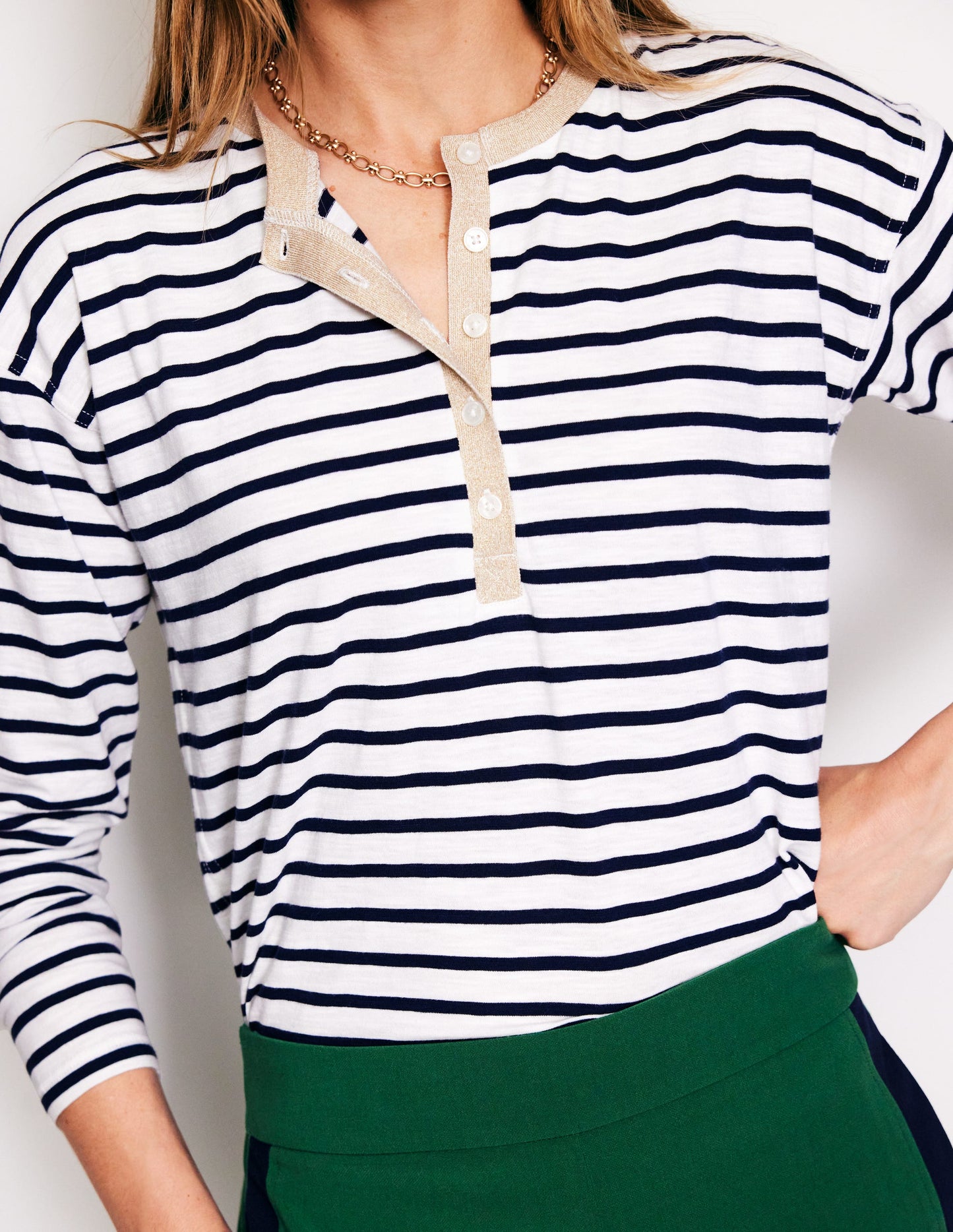 Metallic Trim Henley Top-Ivory, Navy Stripe