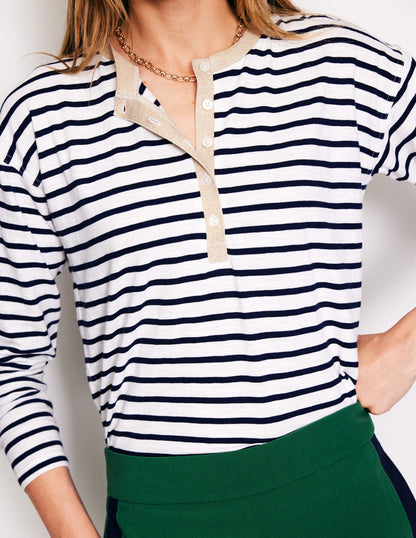 Metallic Trim Henley Top-Ivory, Navy Stripe