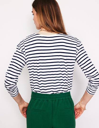 Metallic Trim Henley Top-Ivory, Navy Stripe