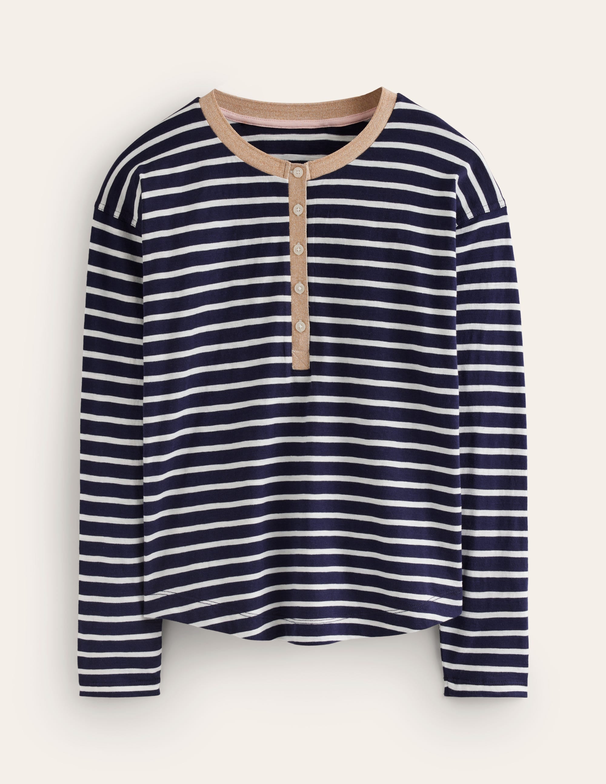 Metallic Trim Henley Top-Navy, Ivory Stripe - Image 5