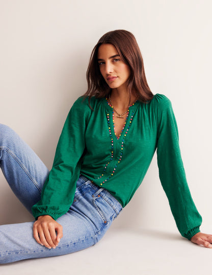 Ali Long Sleeve Pom Top-Malachite-1