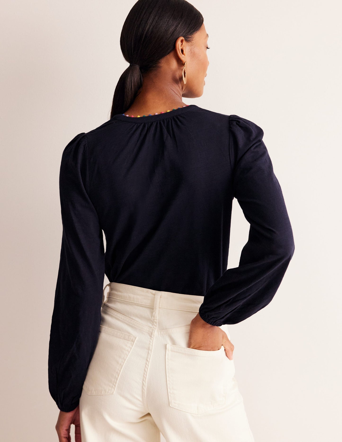 Ali Long Sleeve Pom Top-Navy