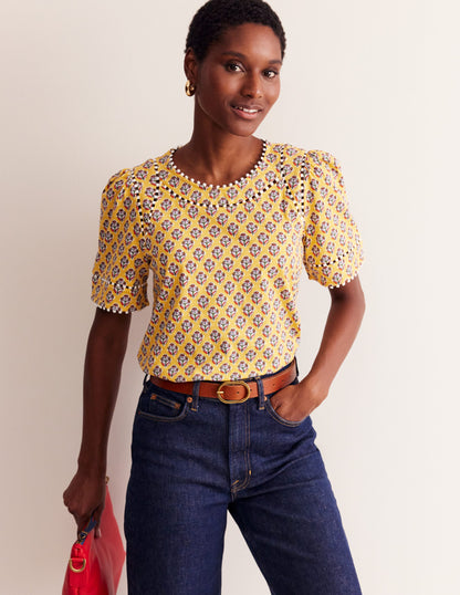 Mila Trim Detail Top-Yellow, Pome Stamp