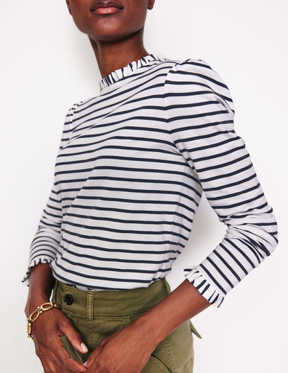 Supersoft Frill Detail Top-Ivory / Navy Stripe