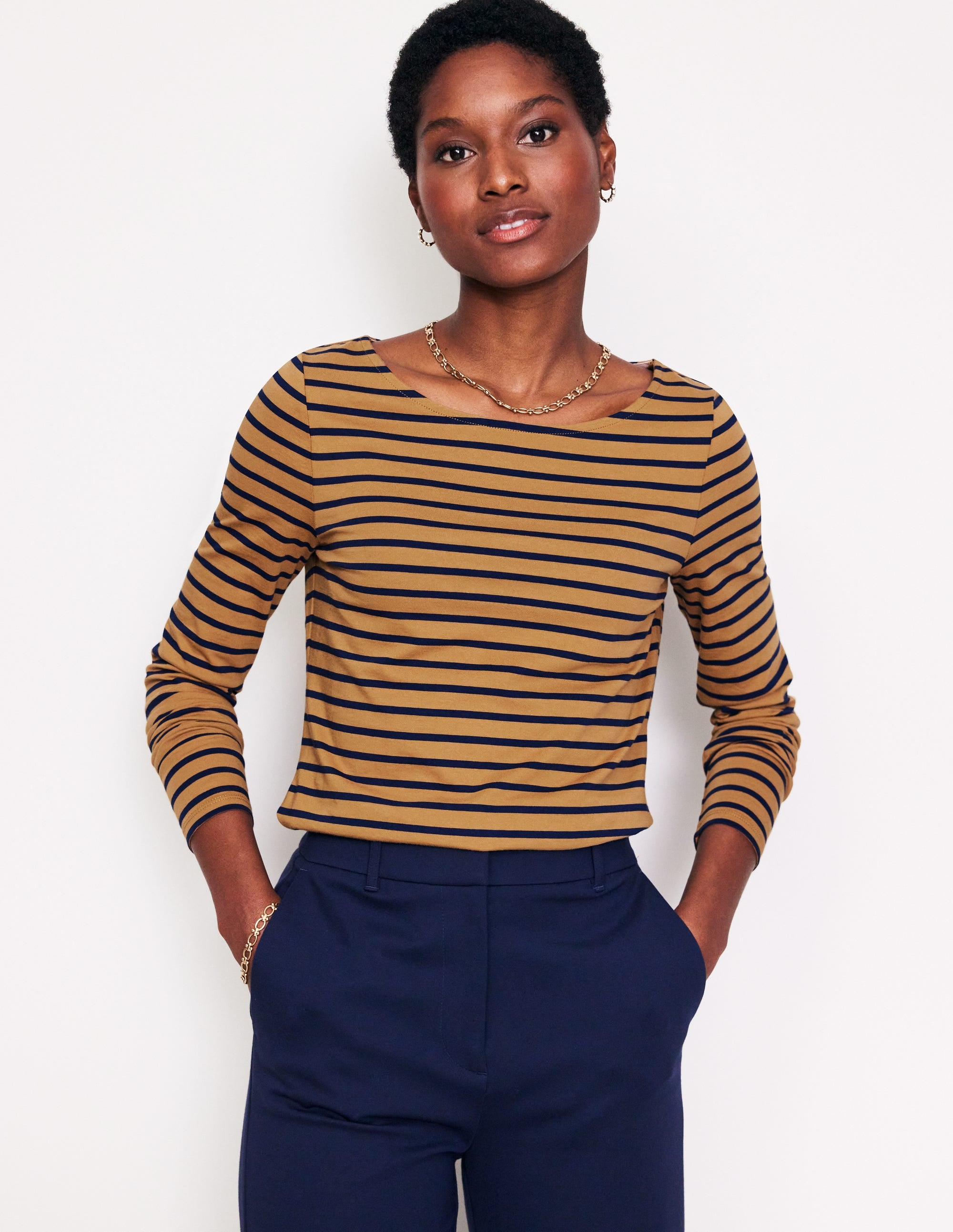 Ella Long Sleeve Breton-Camel, French Navy Stripe - Image 1