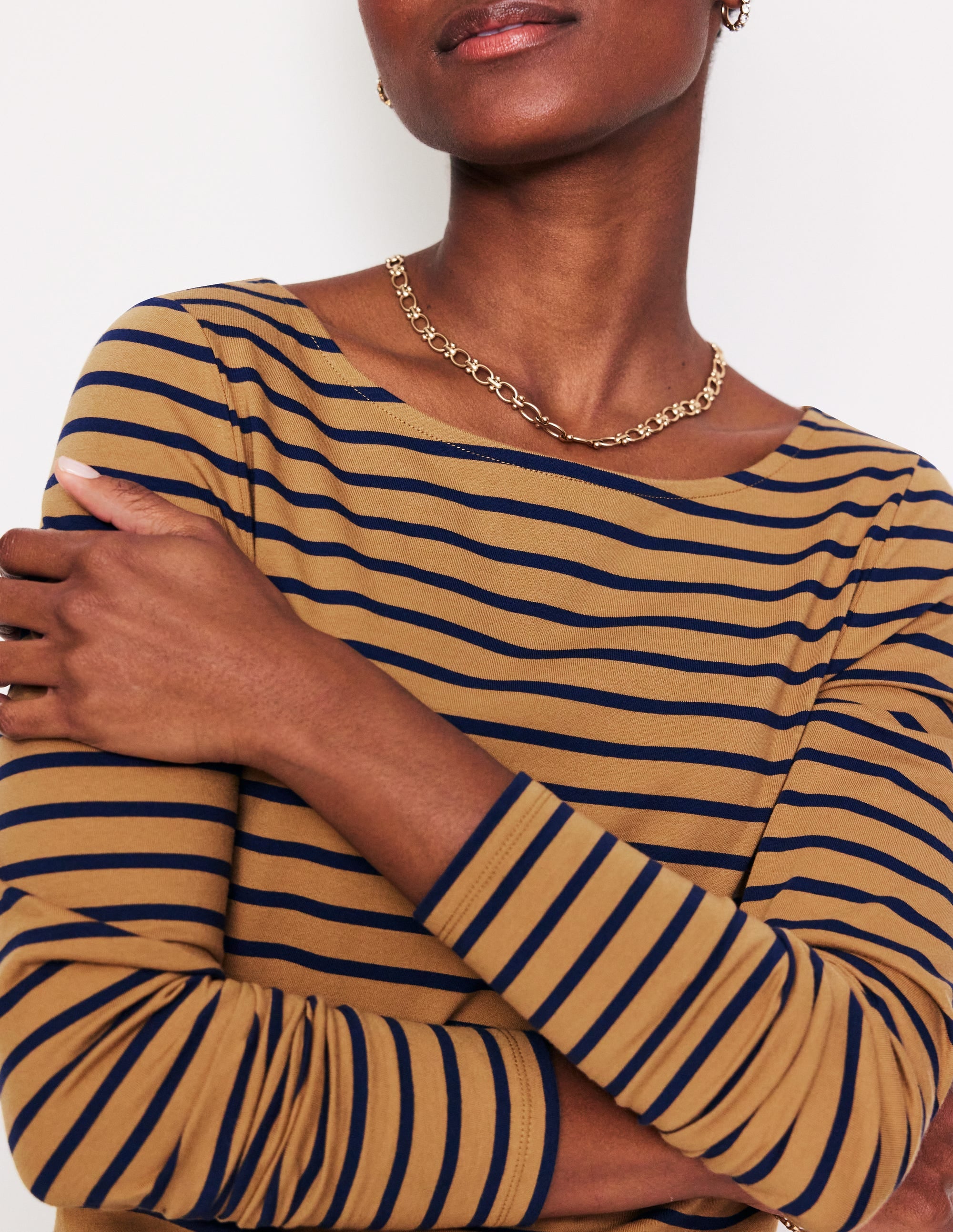 Ella Long Sleeve Breton-Camel, French Navy Stripe - Image 2