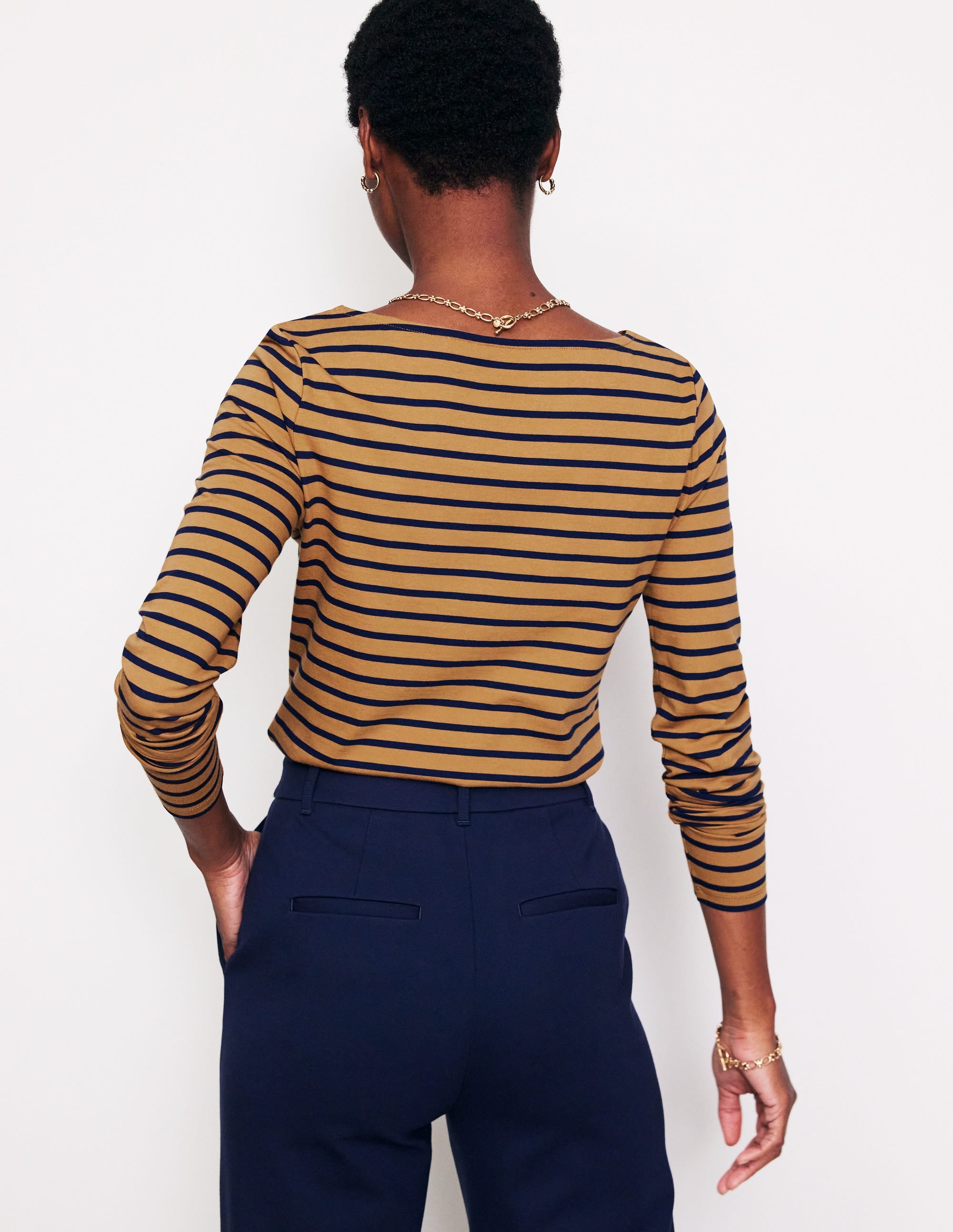 Ella Long Sleeve Breton-Camel, French Navy Stripe - Image 3