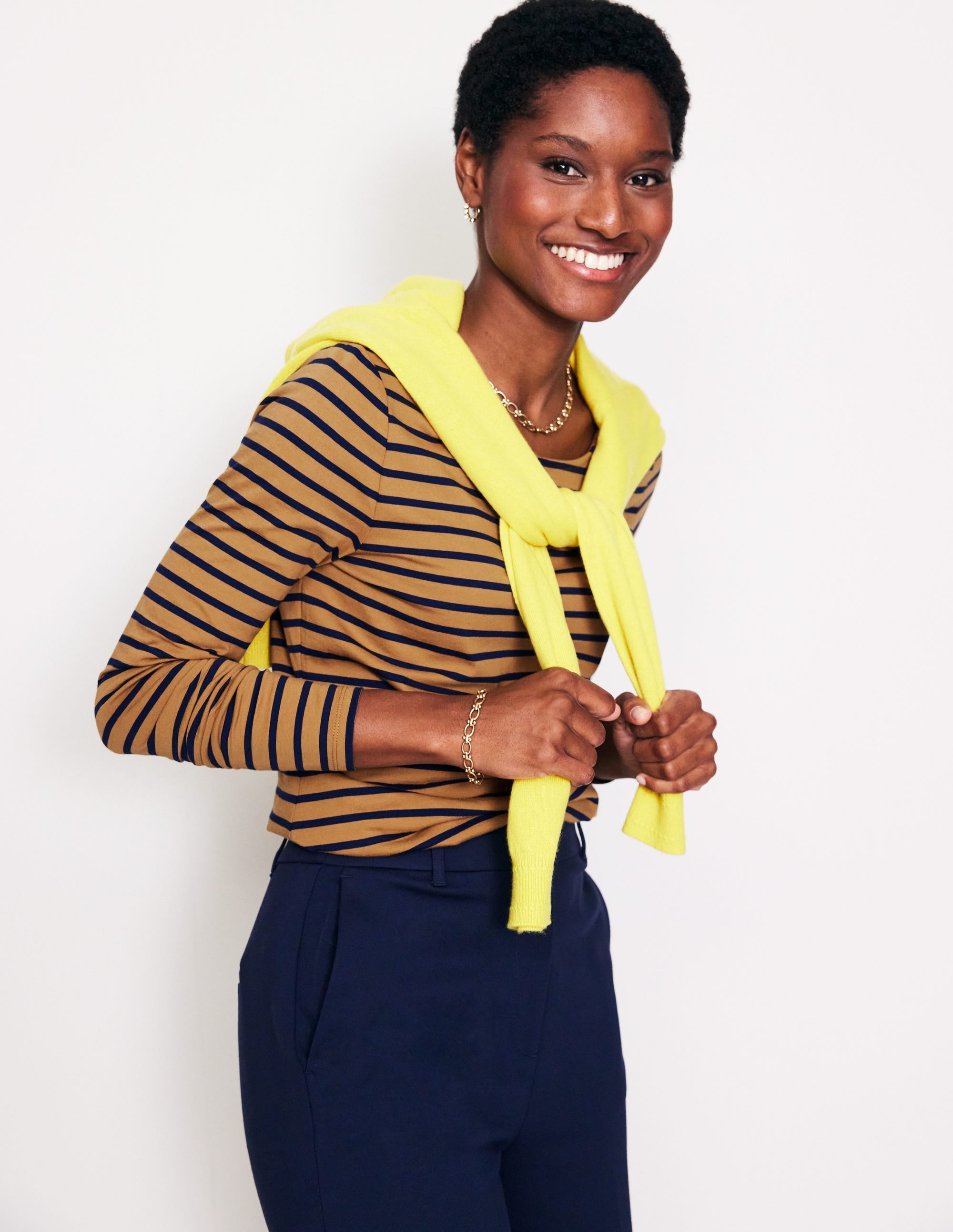 Ella Long Sleeve Breton-Camel, French Navy Stripe - Image 4