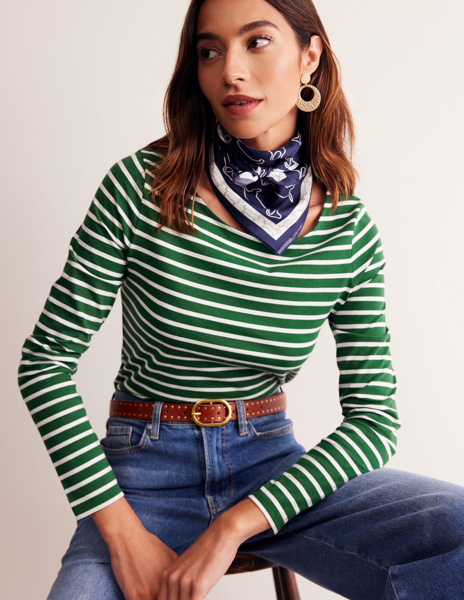Ella Long Sleeve Breton-Pine, Ivory Stripe-1