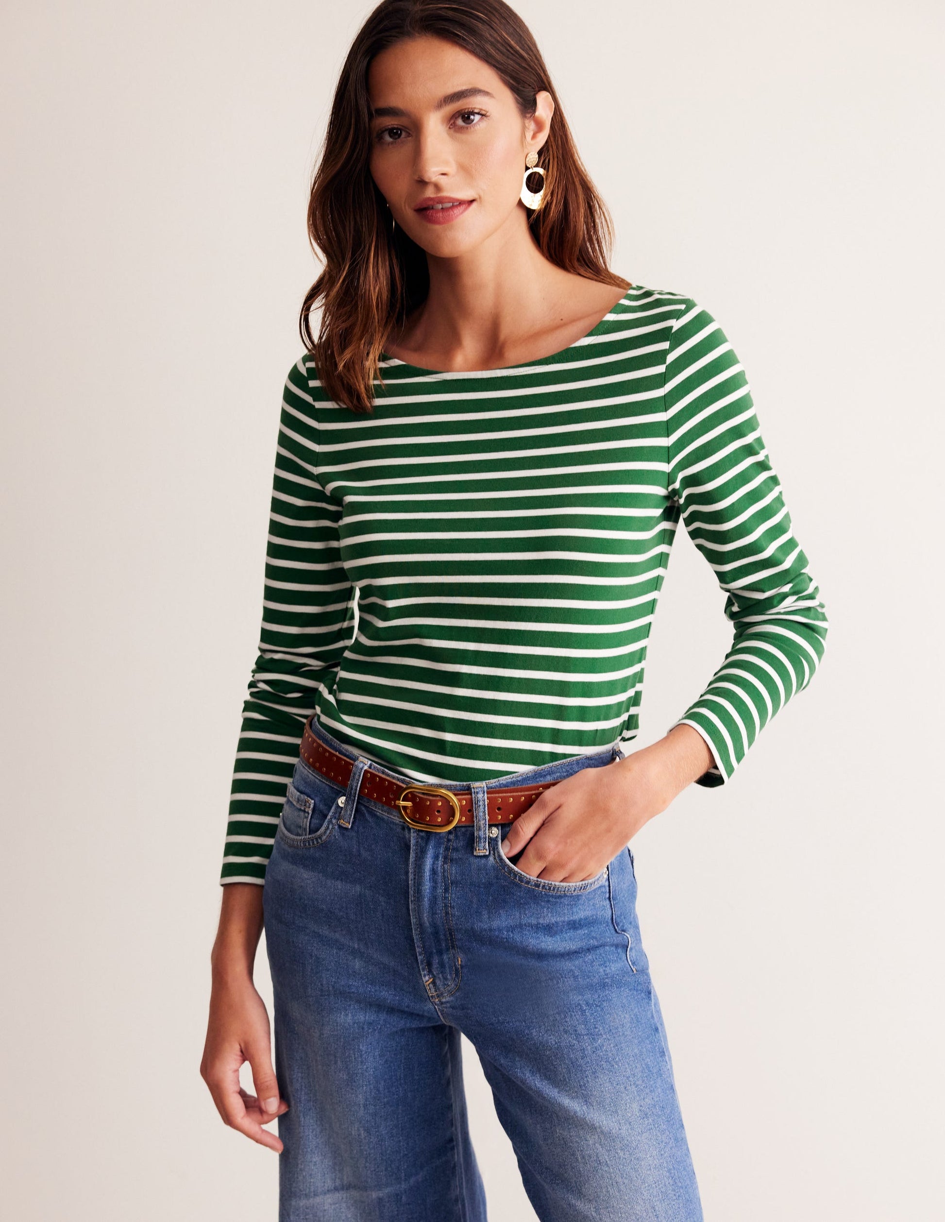 Ella Long Sleeve Breton-Pine, Ivory Stripe-4