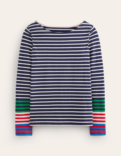 Ella Long Sleeve Breton-French Navy, Ivory Multi Cuff