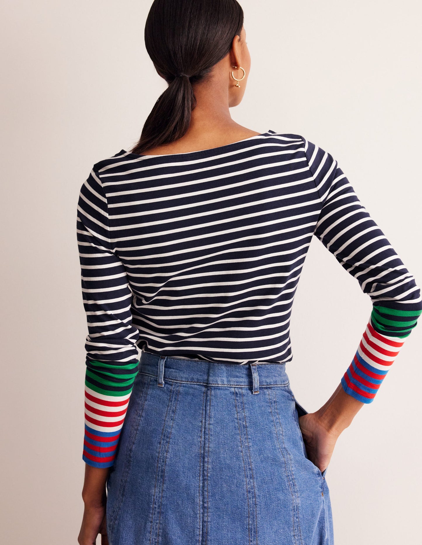 Ella Long Sleeve Breton-French Navy, Ivory Multi Cuff