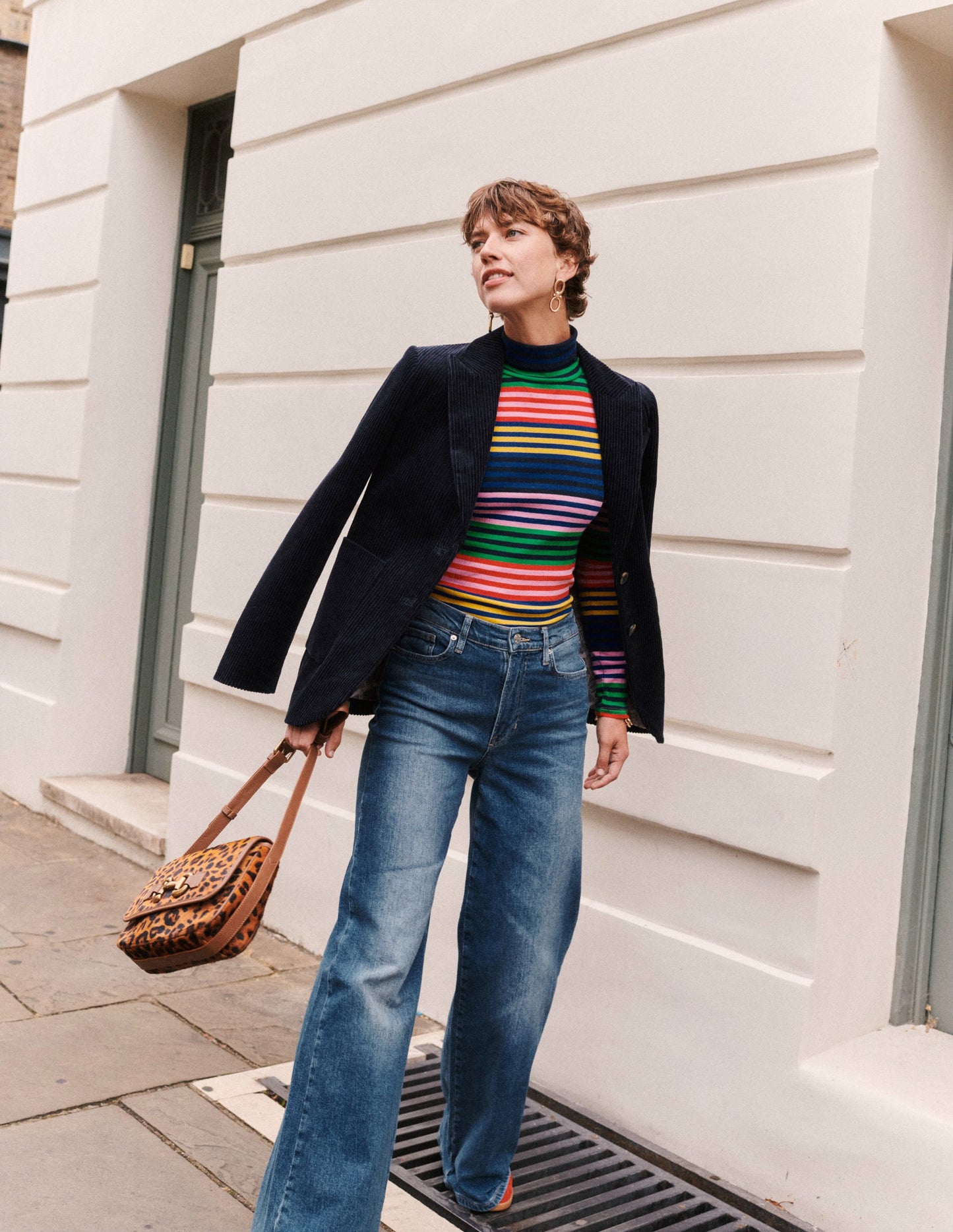 Anna Rib Roll Neck Top-Multi, Rainbow Stripe