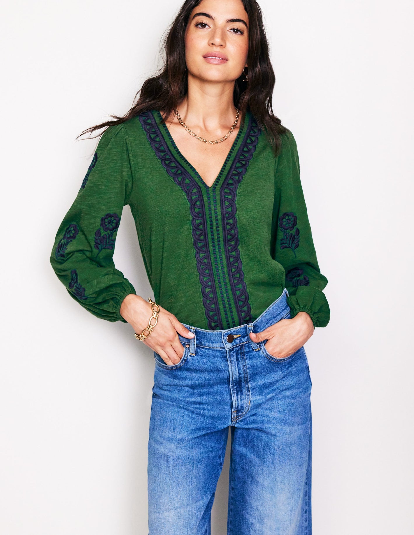 Embroidered V-Neck Top-Eden