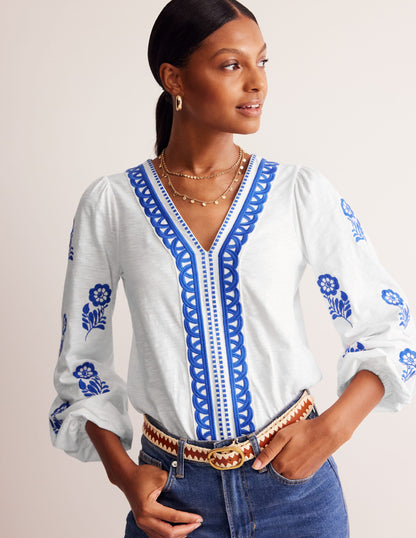 Embroidered V-Neck Top-White, Kingfisher Blue