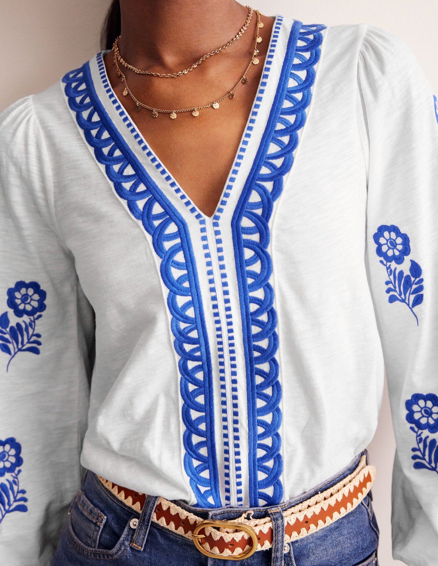 Embroidered V-Neck Top-White, Kingfisher Blue