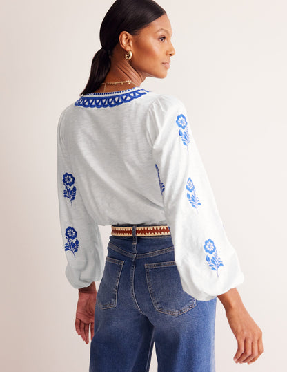 Embroidered V-Neck Top-White, Kingfisher Blue