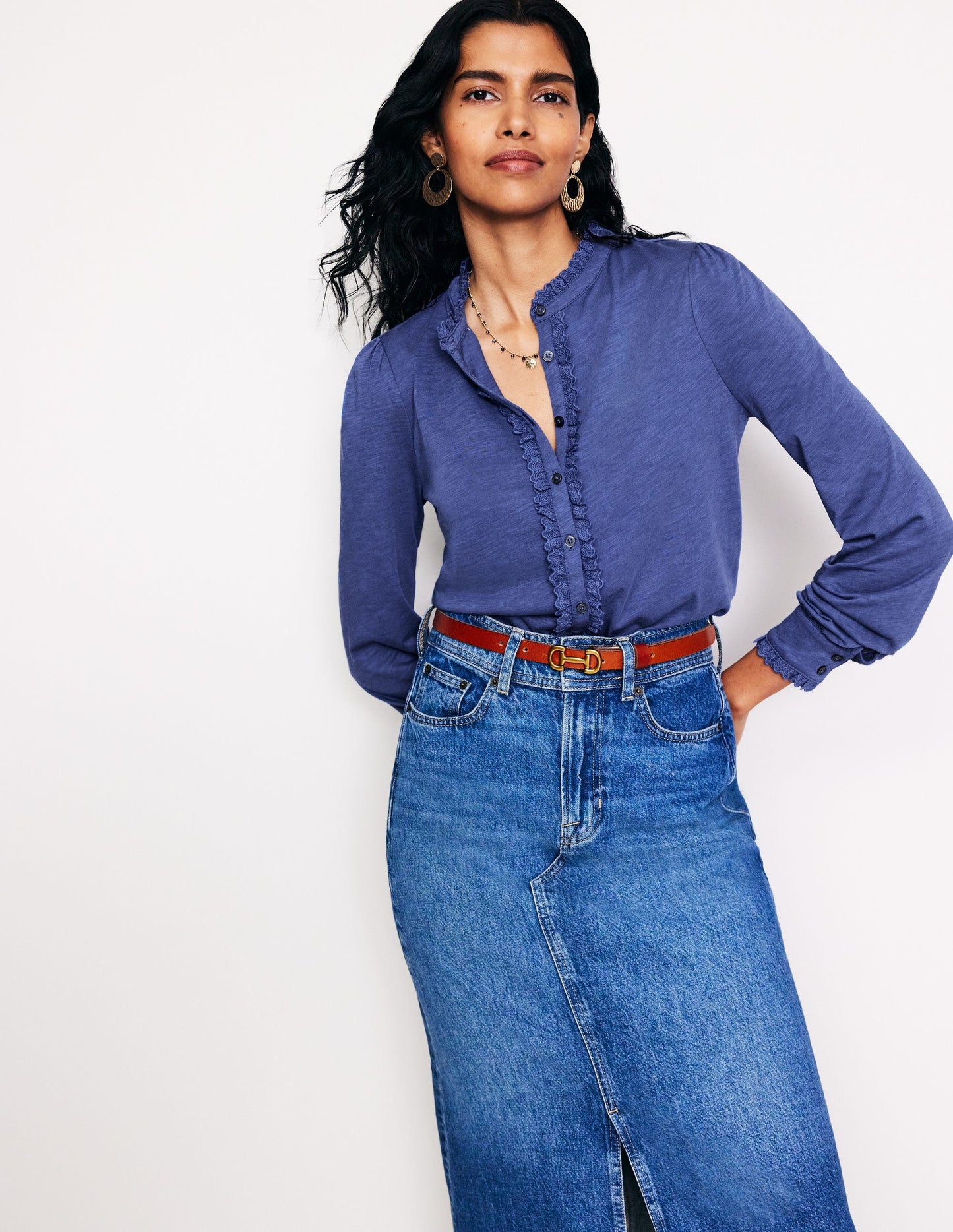 Caroline Broderie Jersey Shirt-True Navy