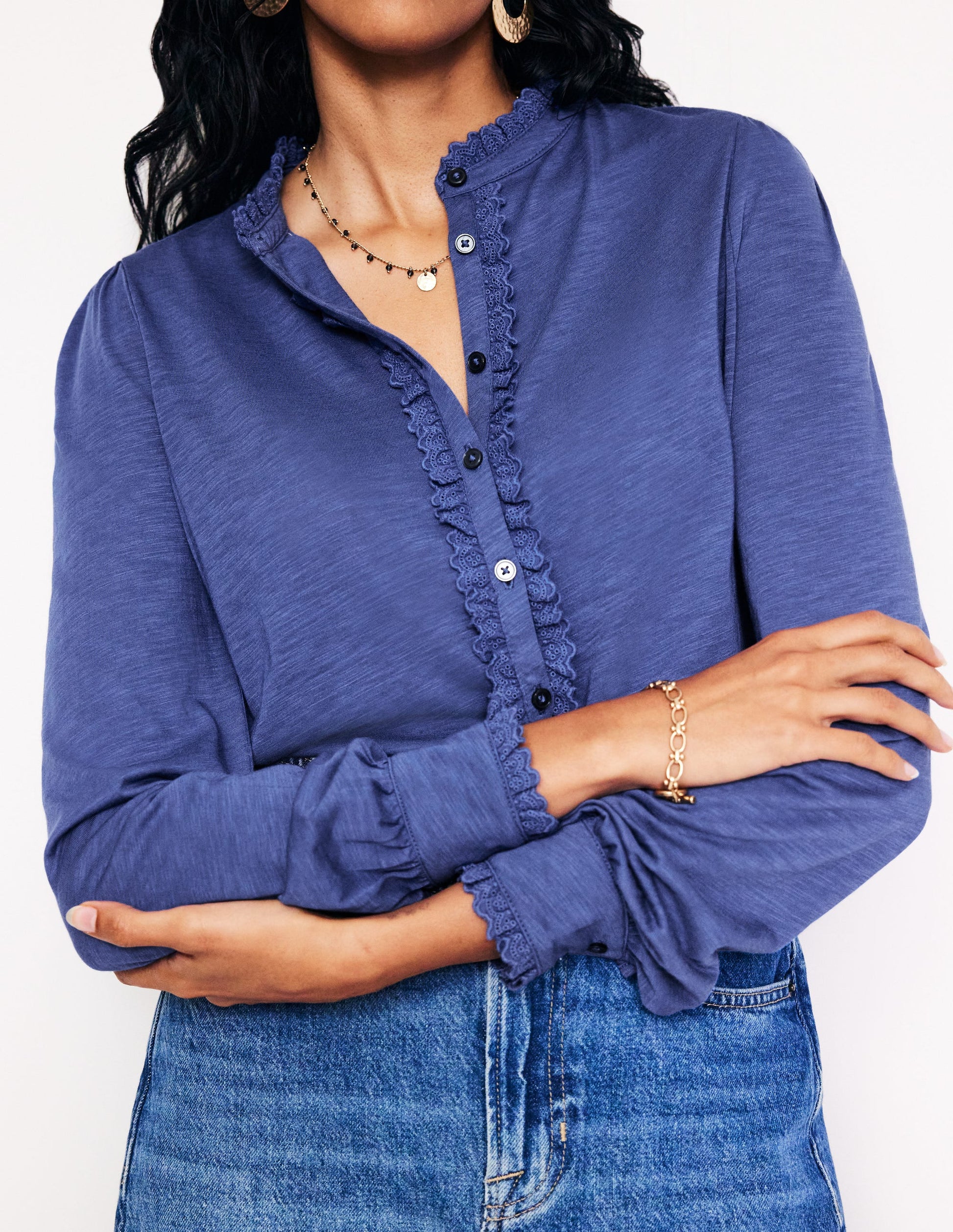 Caroline Broderie Jersey Shirt-True Navy-2