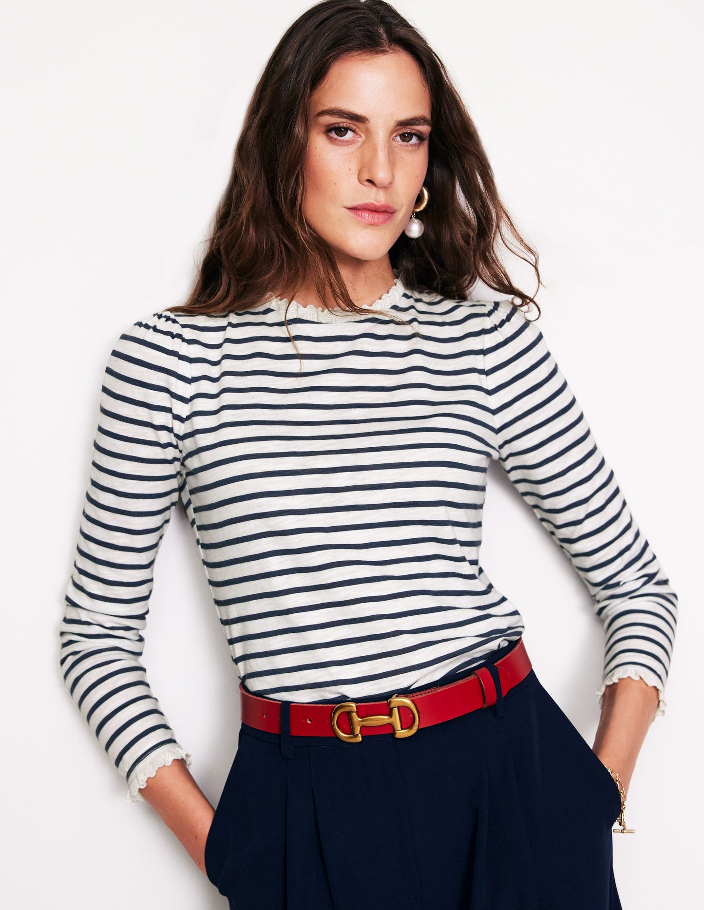 Broderie Ruffle Detail Top-Ivory, Navy Stripe