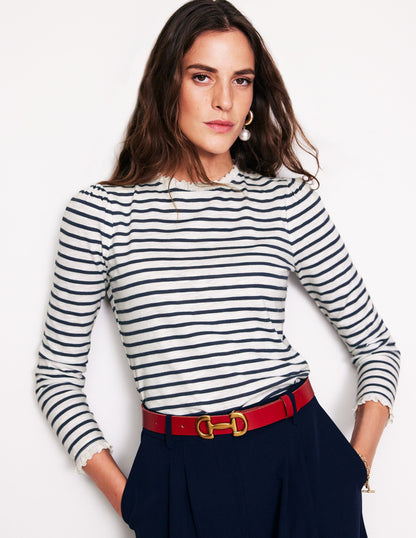 Broderie Ruffle Detail Top-Ivory, Navy Stripe-1