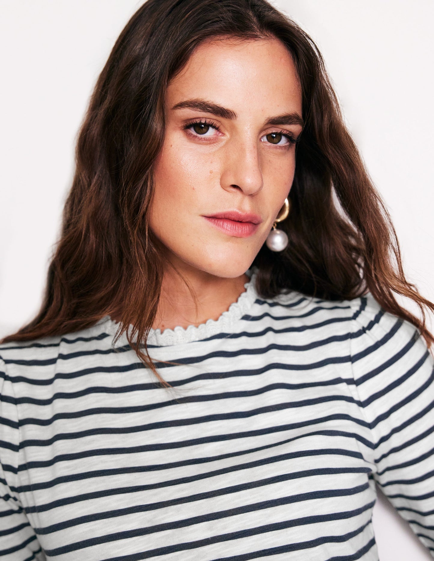 Broderie Ruffle Detail Top-Ivory, Navy Stripe