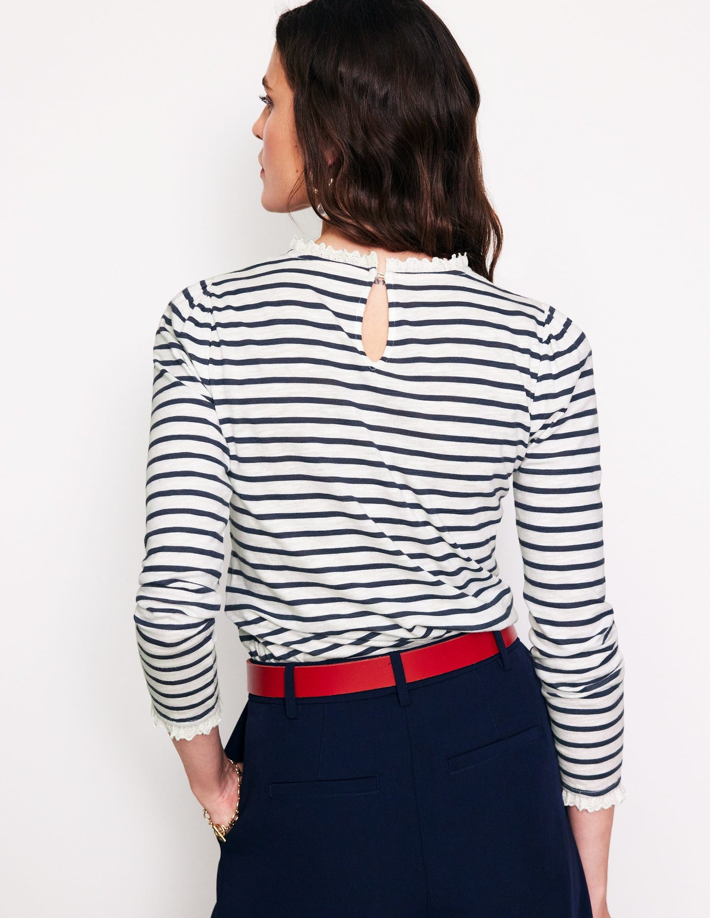 Broderie Ruffle Detail Top-Ivory, Navy Stripe