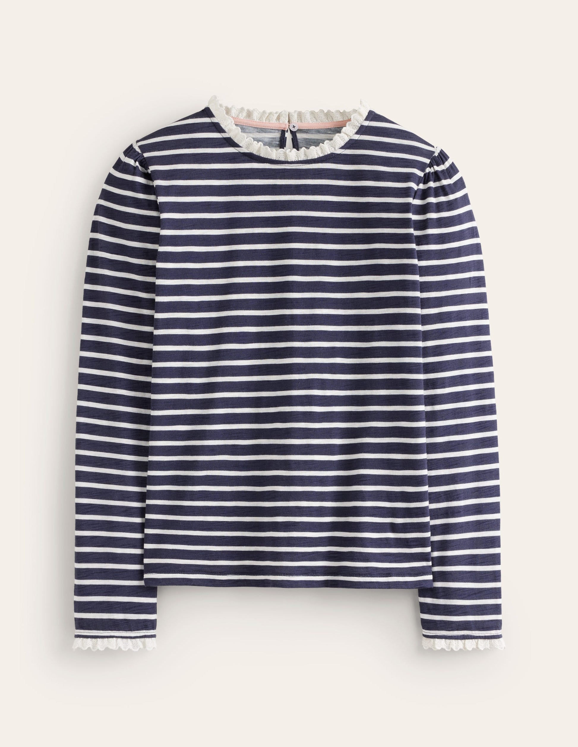 Broderie Ruffle Detail Top-Navy, Ivory Stripe-5