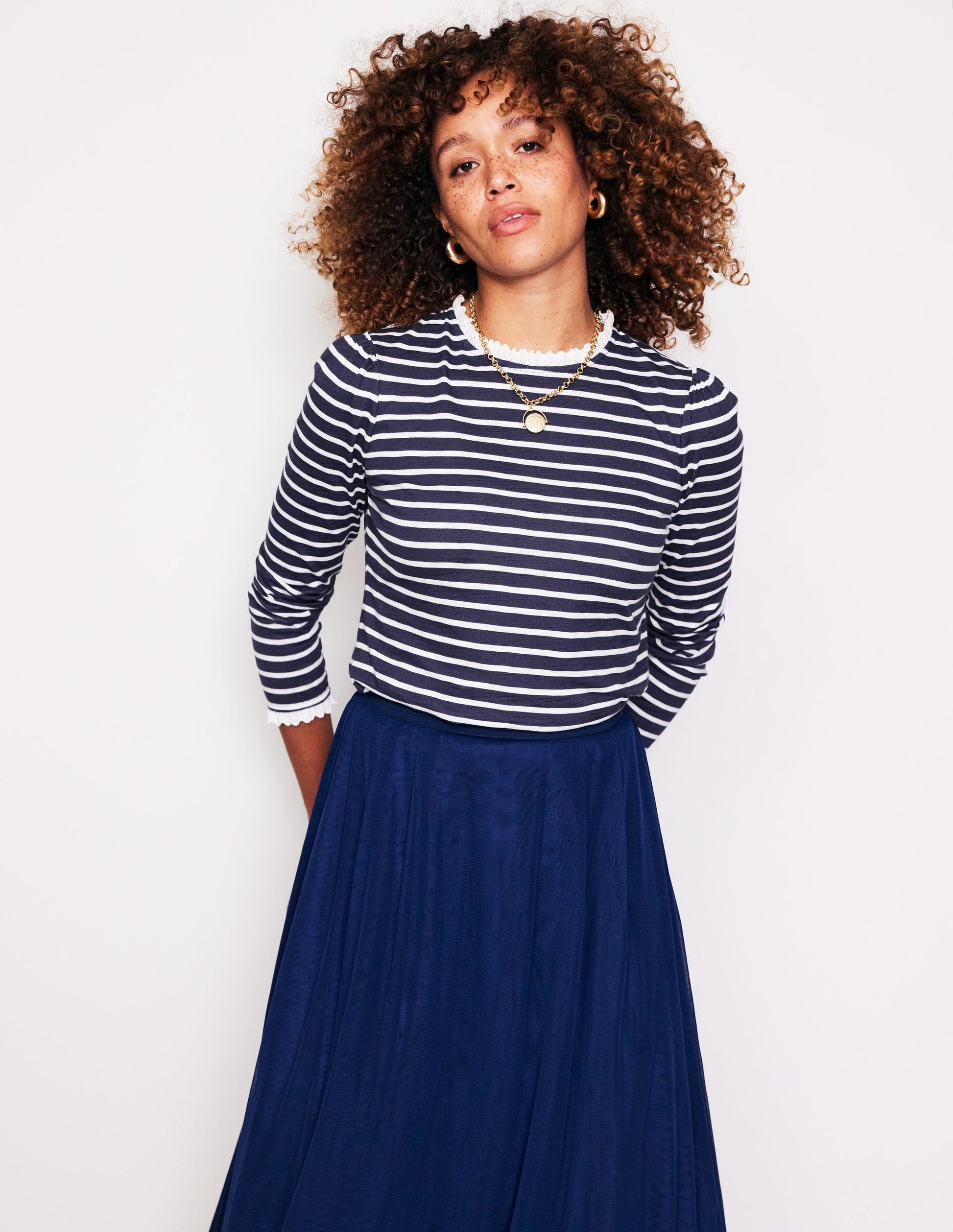 Broderie Ruffle Detail Top-Navy, Ivory Stripe-1