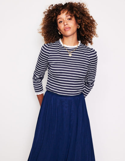 Broderie Ruffle Detail Top-Navy, Ivory Stripe-1