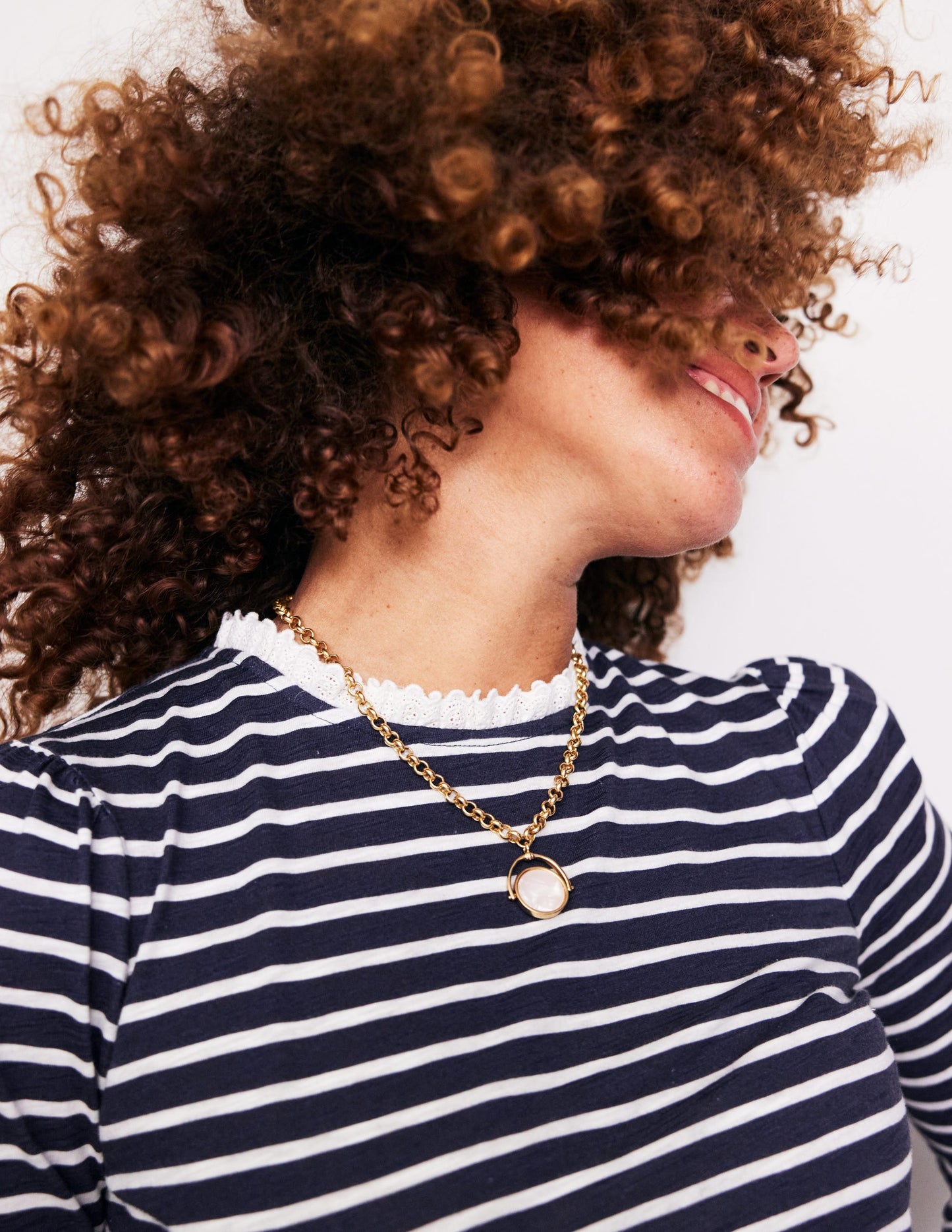 Broderie Ruffle Detail Top-Navy, Ivory Stripe