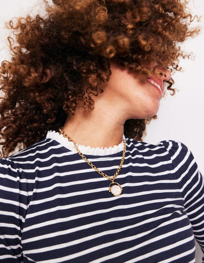 Broderie Ruffle Detail Top-Navy, Ivory Stripe-2