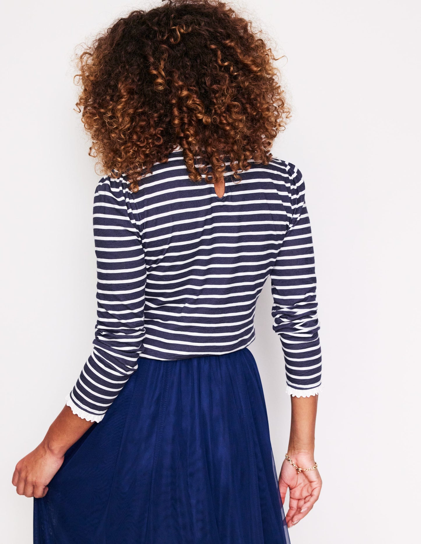 Broderie Ruffle Detail Top-Navy, Ivory Stripe