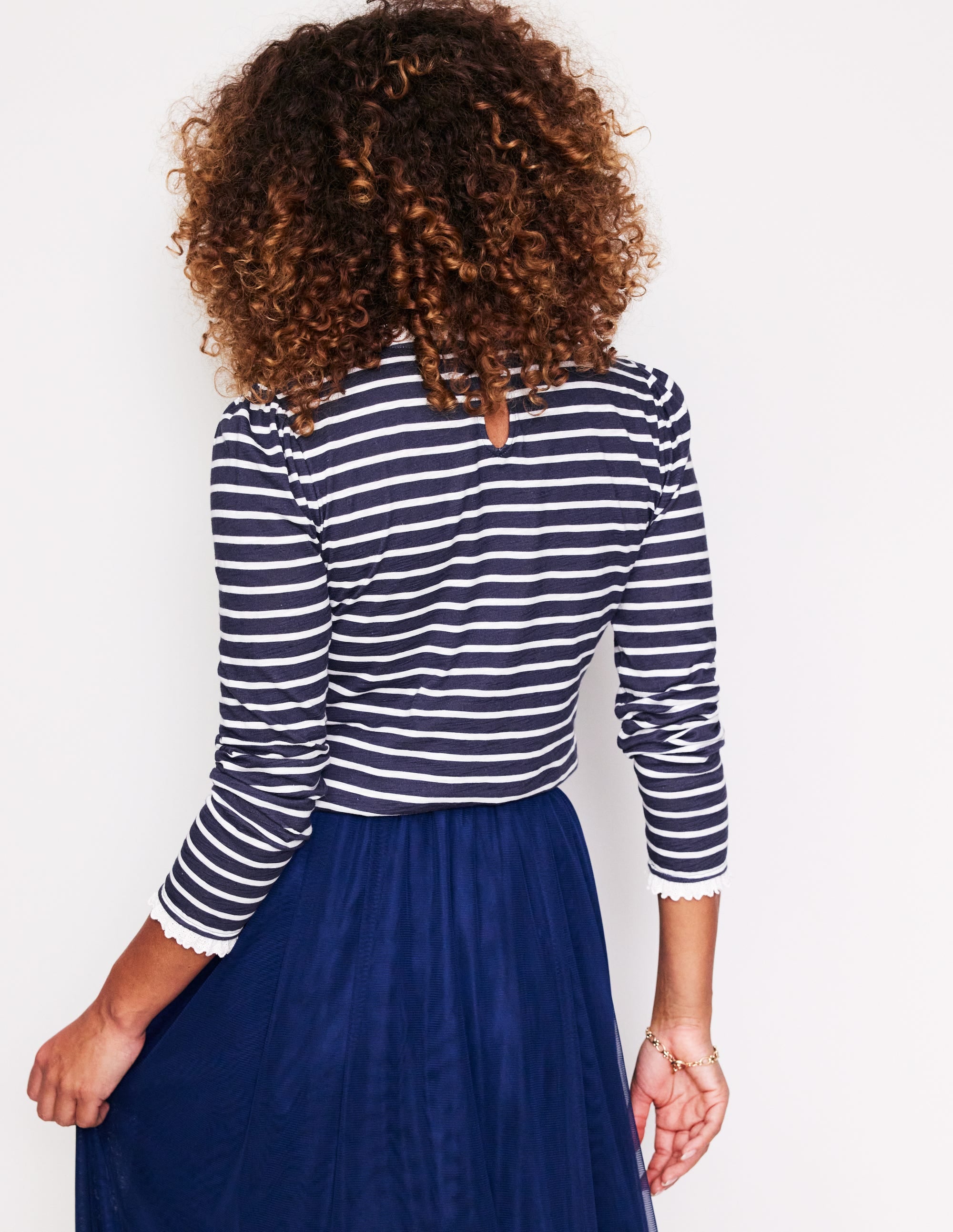 Broderie Ruffle Detail Top-Navy, Ivory Stripe - Image 3