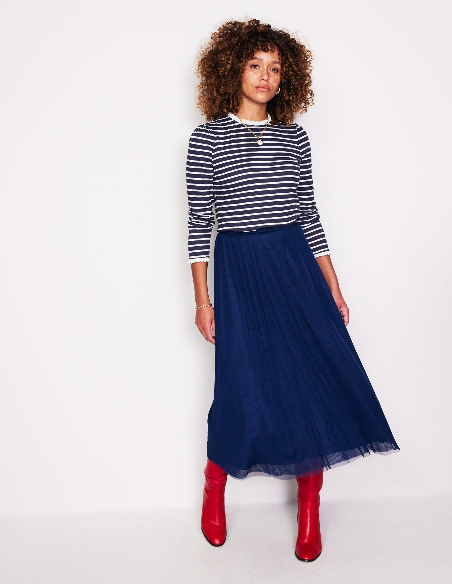 Broderie Ruffle Detail Top-Navy, Ivory Stripe