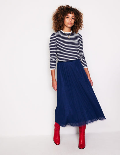 Broderie Ruffle Detail Top-Navy, Ivory Stripe-4