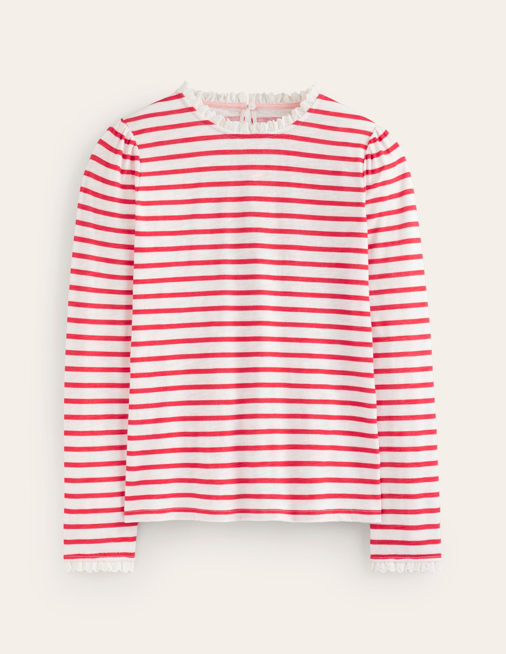 Broderie Ruffle Detail Top-Red, Ivory Stripe-5