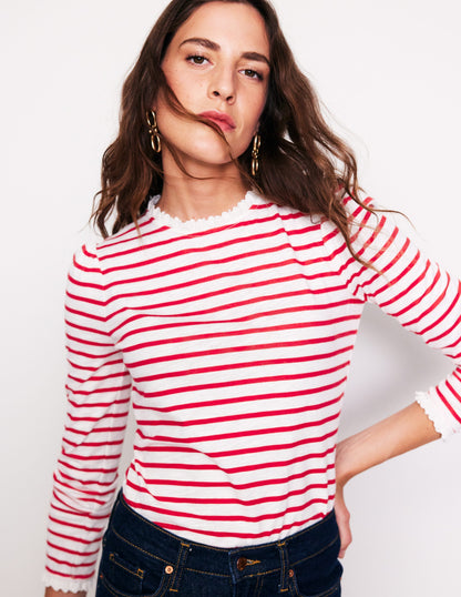 Broderie Ruffle Detail Top-Red, Ivory Stripe-1