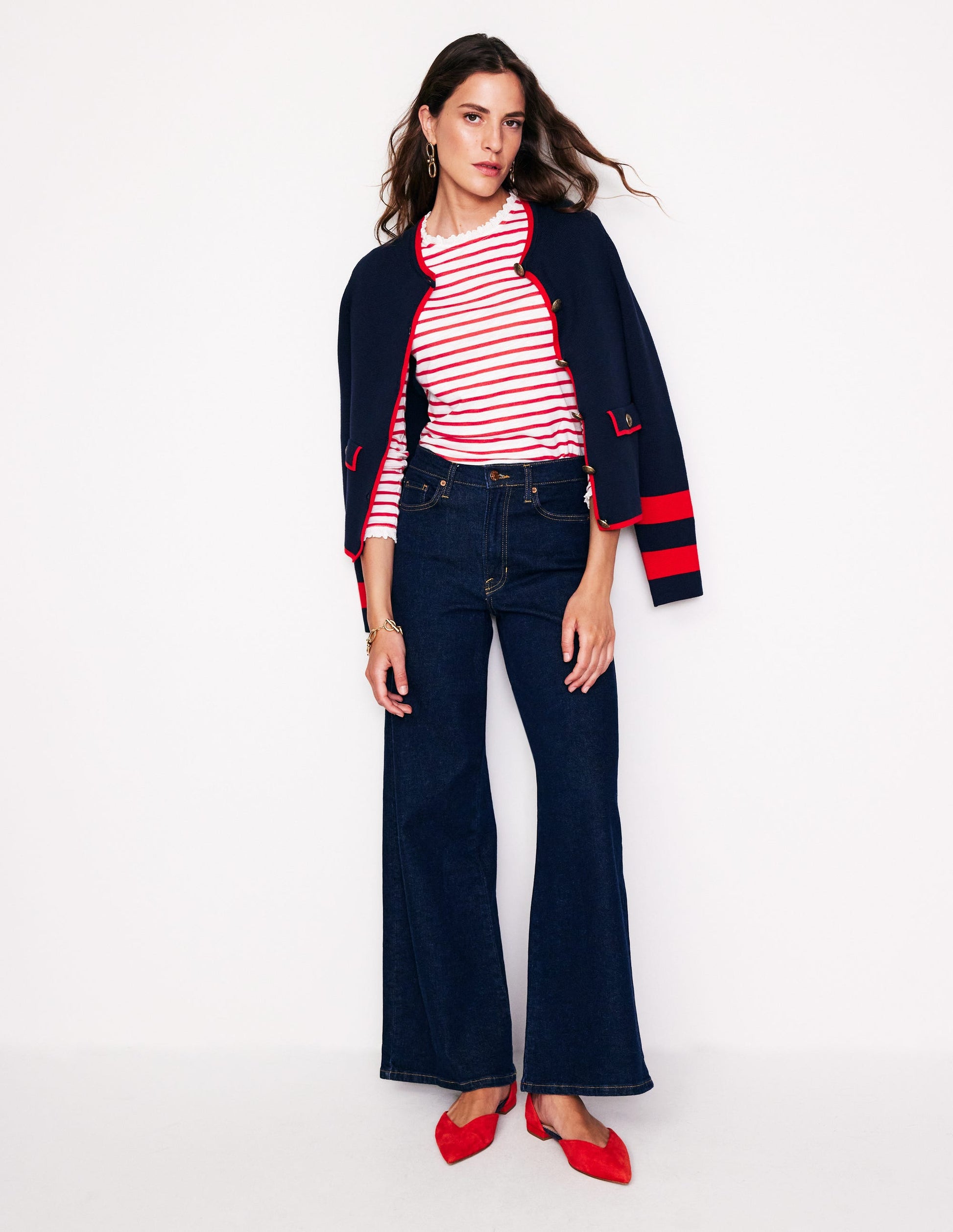 Broderie Ruffle Detail Top-Red, Ivory Stripe-4