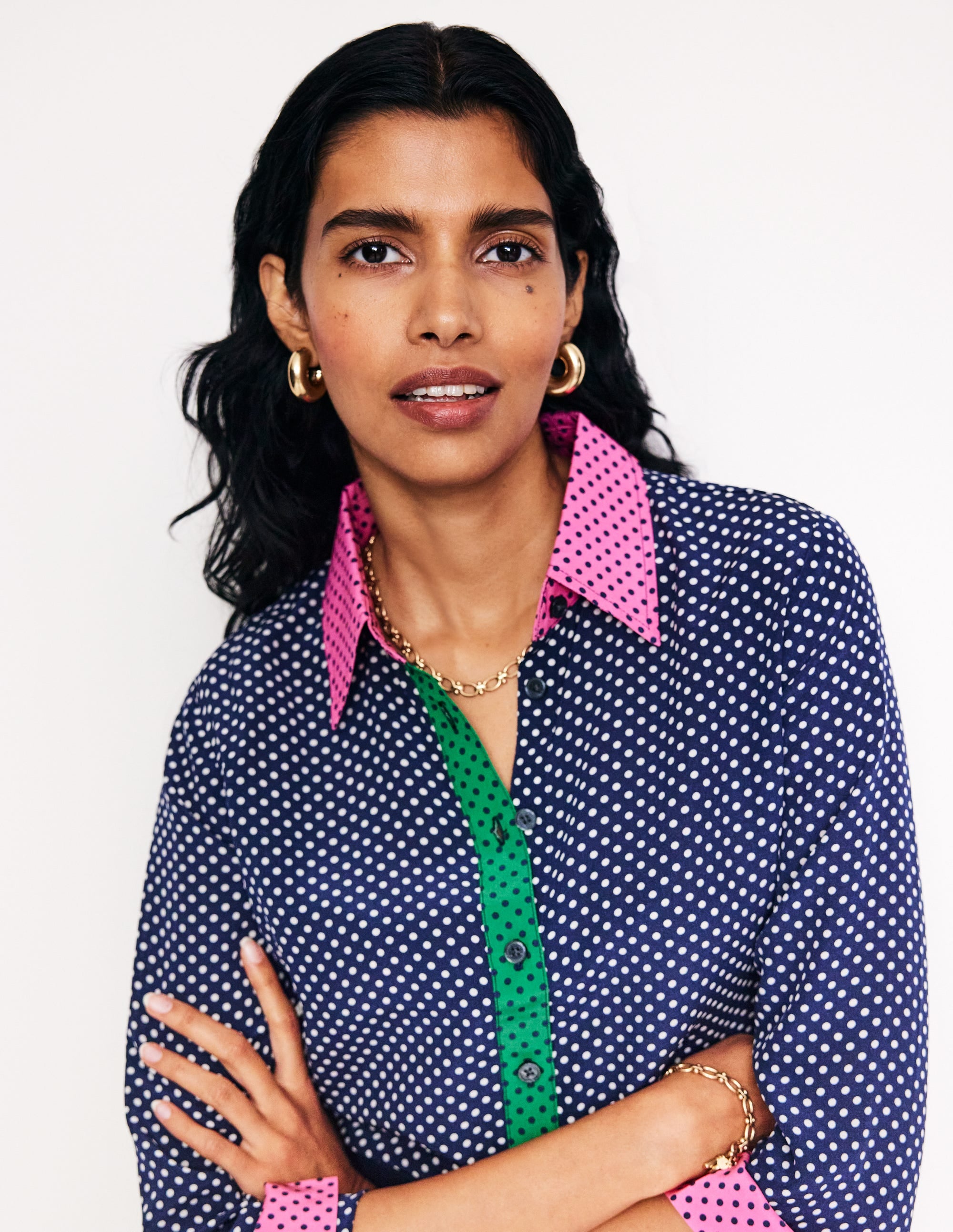 Sienna Silk Shirt-French Navy, Spots - Image 1
