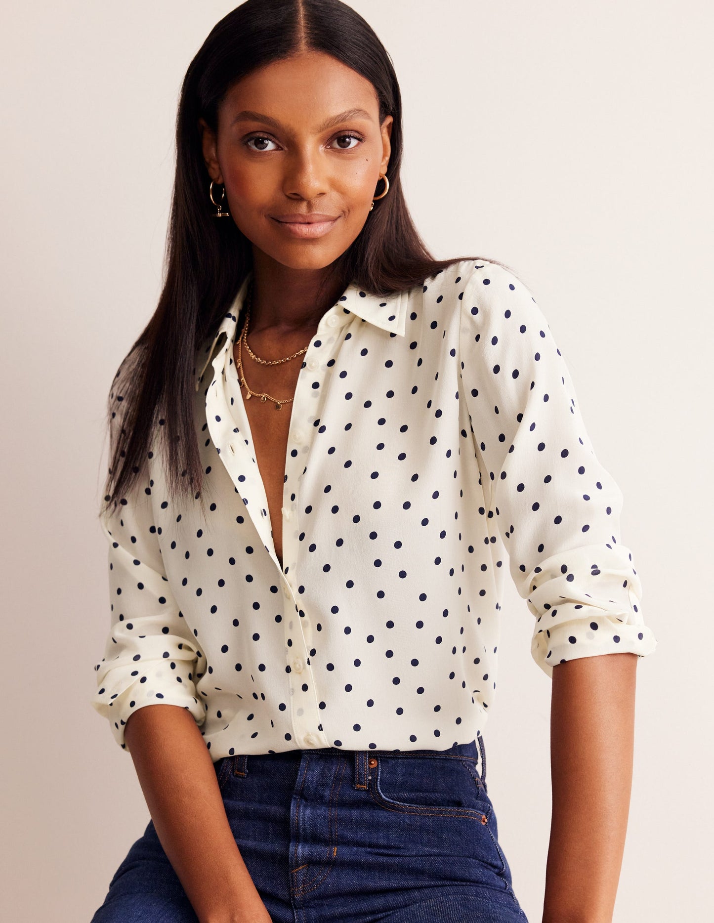 Sienna Silk Shirt-Ivory and Navy, Sparse Spot