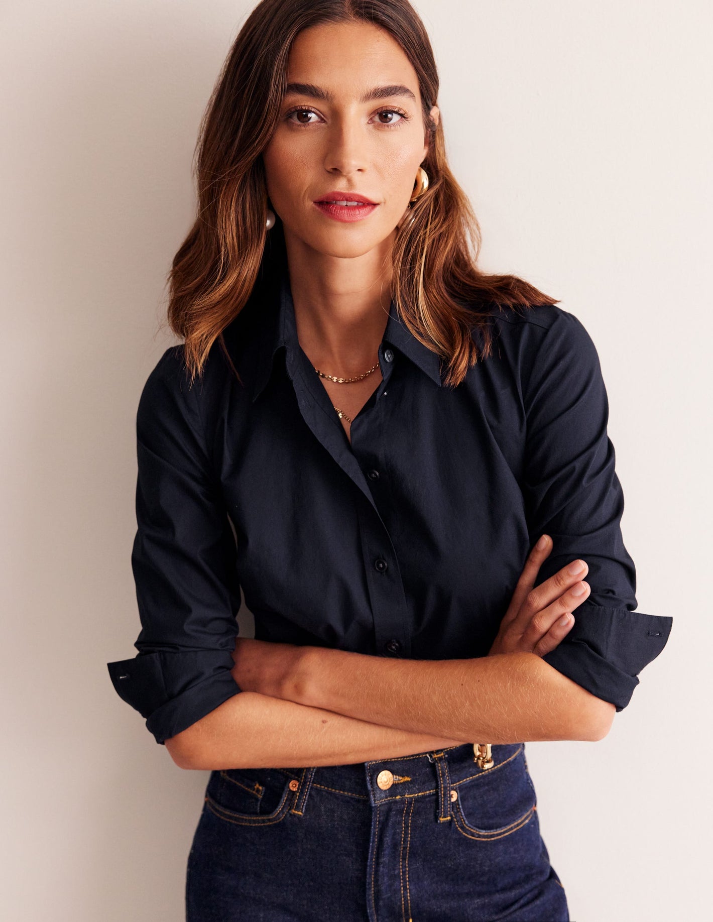 Saskia Stretch Cotton Shirt-Navy