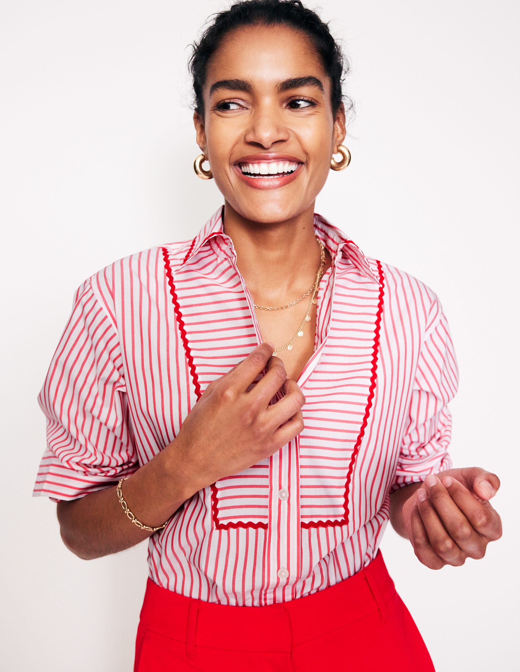 Connie Relaxed Cotton Shirt-Red, Ivory Stripe - Image 1
