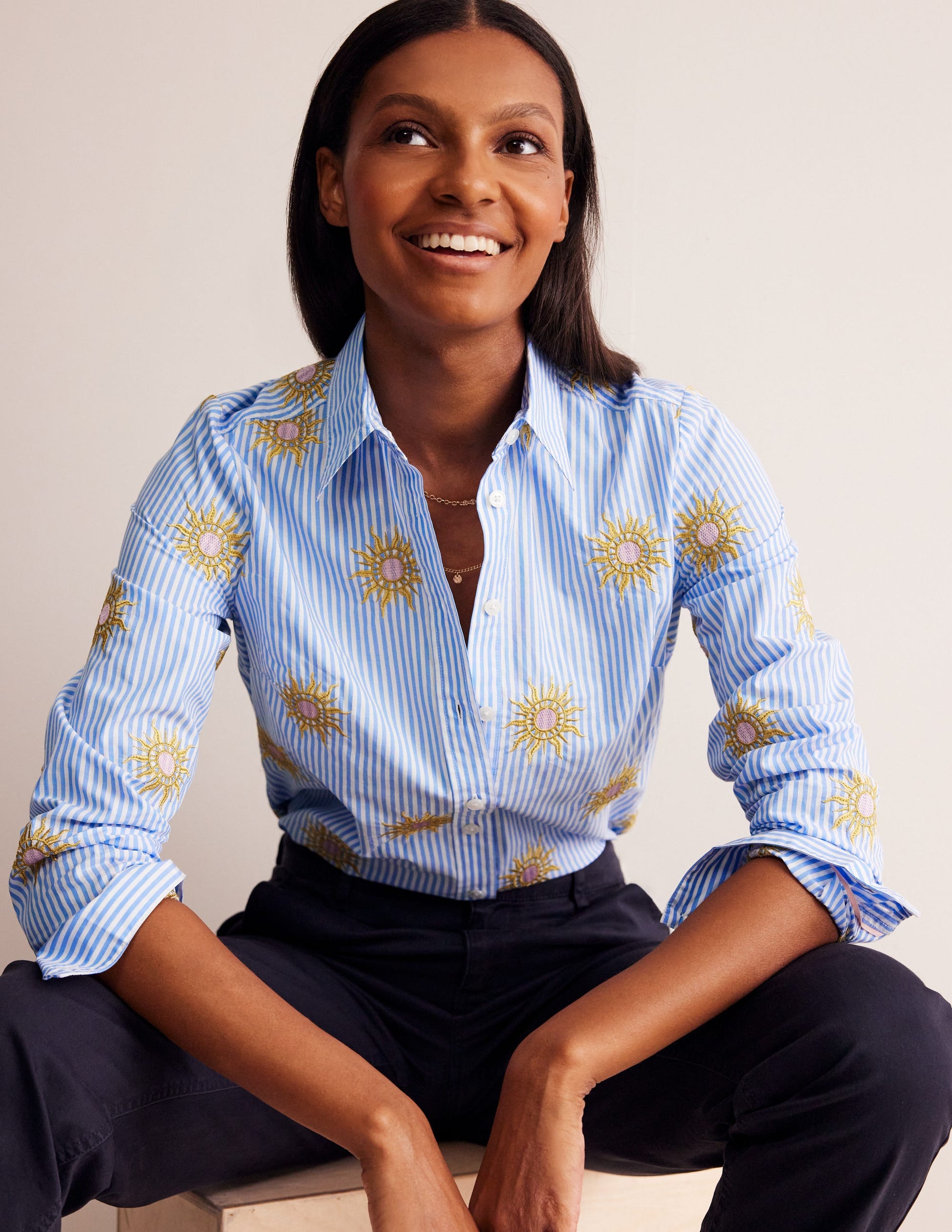 Sienna Interest Cotton Shirt-Sun, Blue Stripe-1