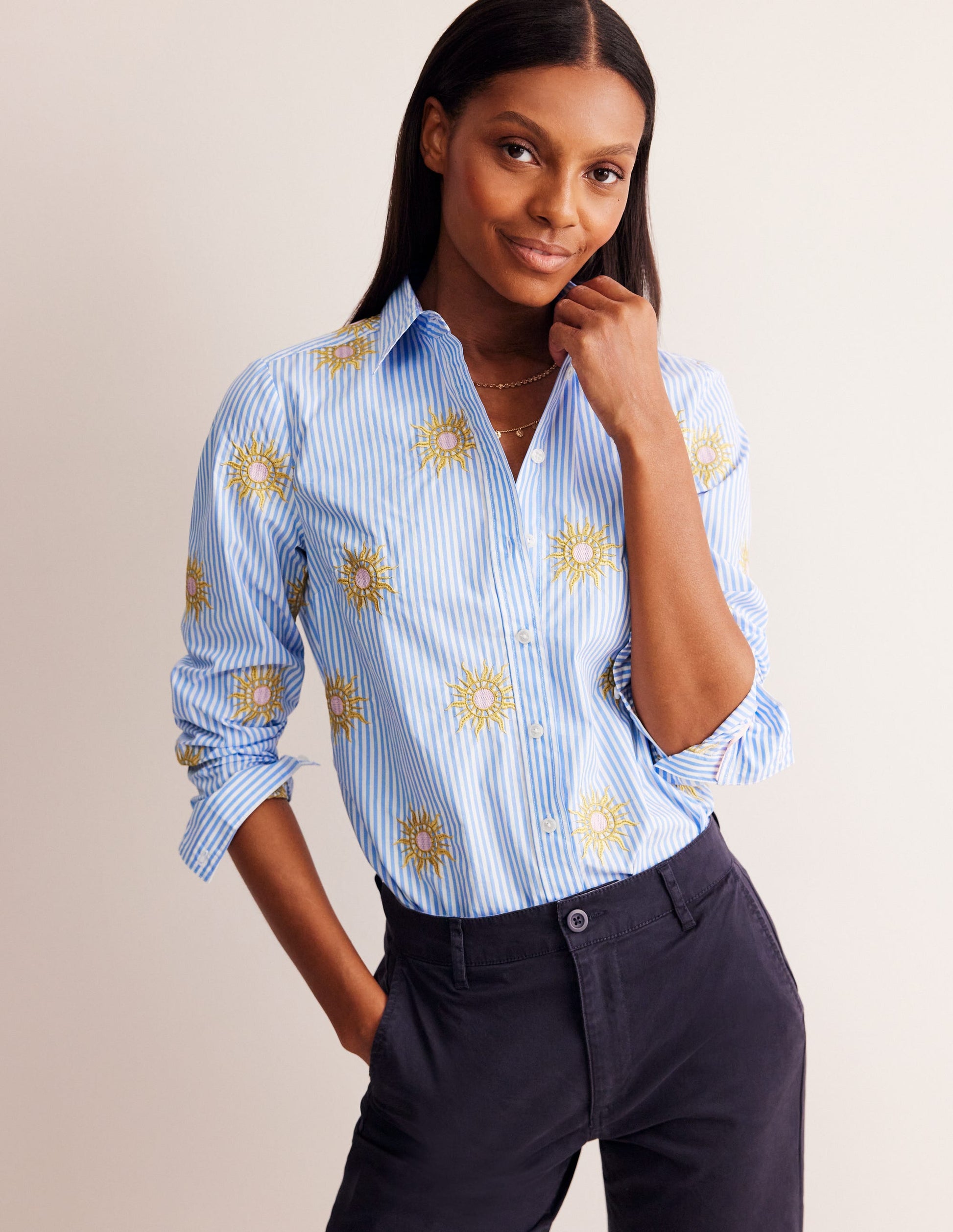 Sienna Interest Cotton Shirt-Sun, Blue Stripe-4