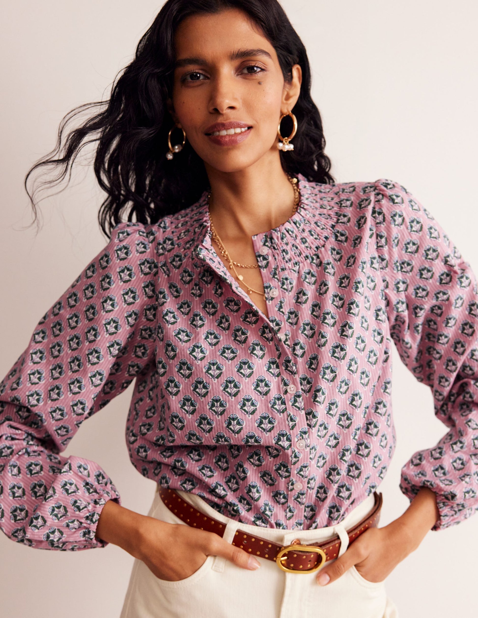 Mae Cotton Smocked Blouse-Vintage Pink, Pome Stamp-1