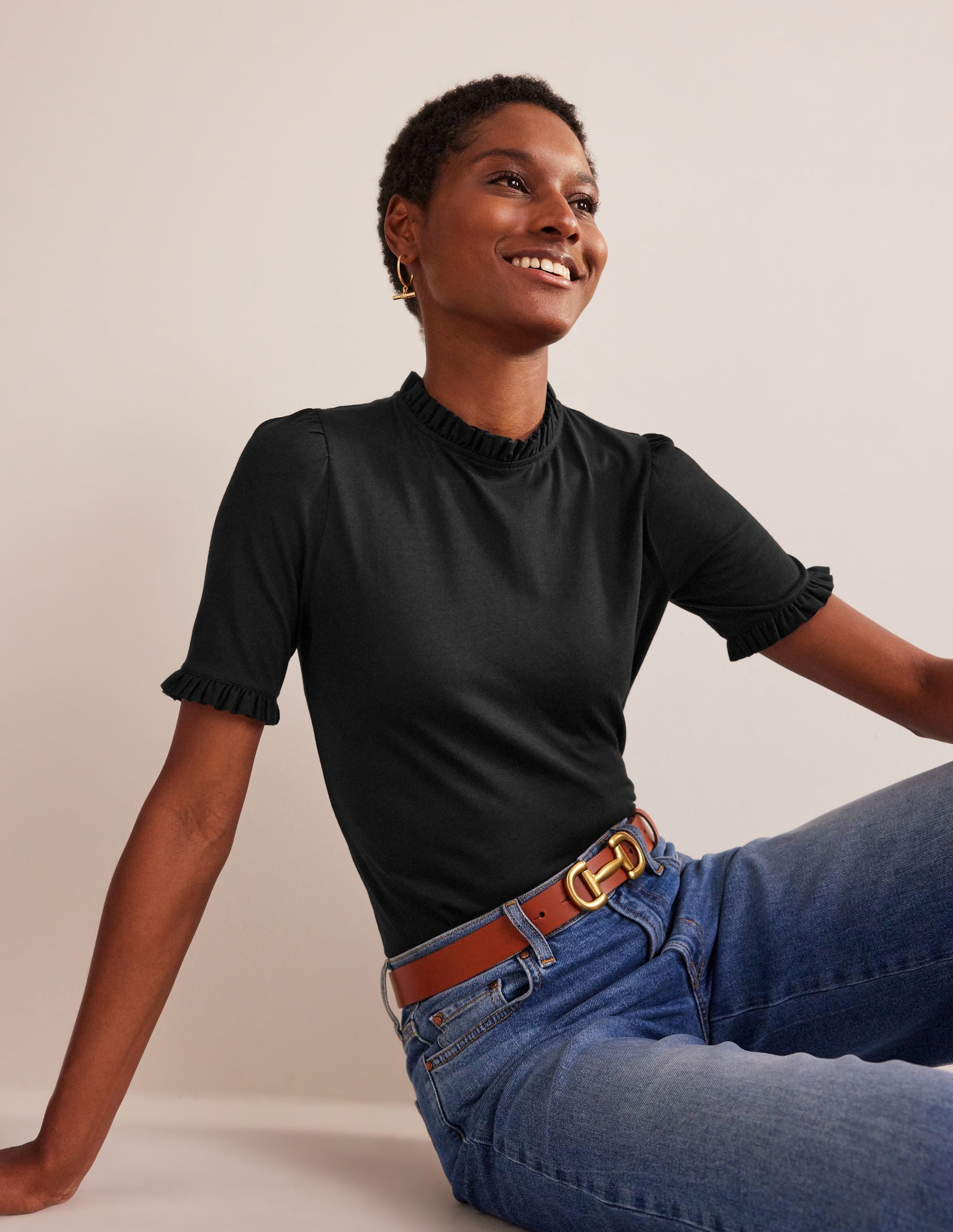 Supersoft Frill Detail T-shirt-Black-1